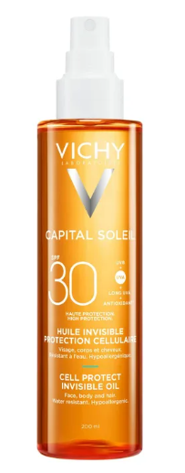 Olio Invisibile Cell Protect SPF30 Vichy 200ml - Protezione Solare per Viso, Corpo e Capelli con Tecnologia Netlock e Acido Ialuronico